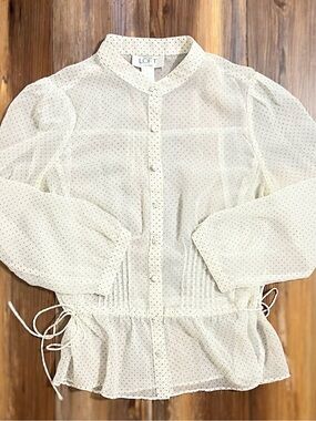 LOFT Cream Swiss Dot Button-Front Tie-Waist Blouse